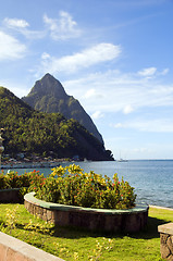 Image showing waterfront park soufriere st. lucia with view of famous twin pit