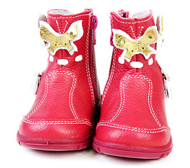 Image showing Pair red leather baby boots