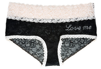 Image showing Black lacy feminine panties with inscription love me