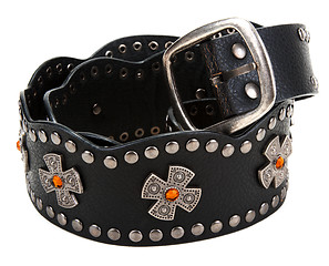 Image showing Black leather belt with yellow stone and steel buckle