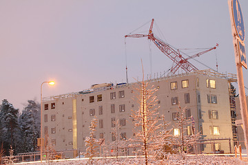 Image showing Construction of the house with the crane