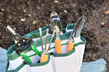 Image showing Detail of gardening tools in tool bag - outdoor