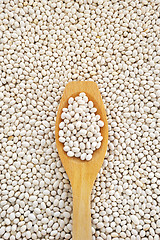 Image showing Wooden spoon and dried white navy beans