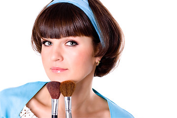 Image showing woman with two make-up brushes 