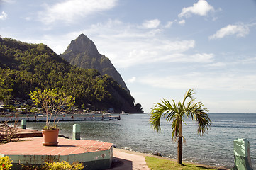 Image showing waterfront park soufriere st. lucia with view of famous twin pit