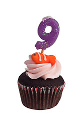 Image showing Mini cupcake with birthday candle for nine year old