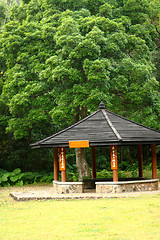 Image showing Small pavilion among nature with forest background 