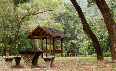 Image showing Picnic table and pavilion at countryside 