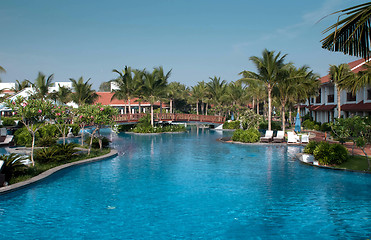 Image showing A beautiful large swimming pool at a local resort