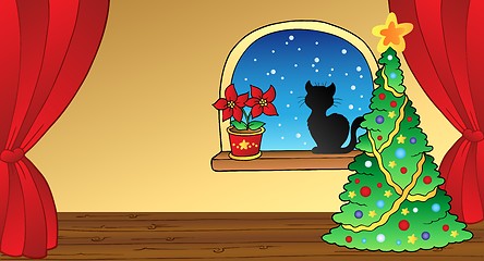Image showing Christmas card with tree and cat