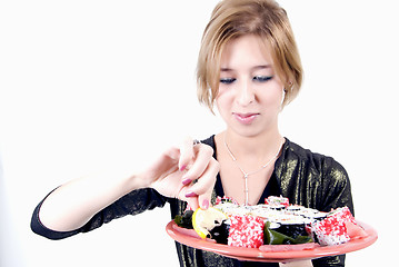 Image showing girl with sushi  