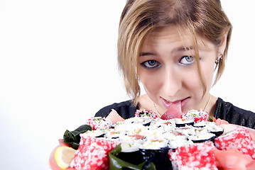 Image showing girl with sushi