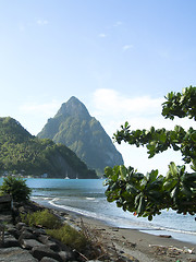 Image showing Caribbean Sea view twin piton peaks  volcano mountains  Soufrier