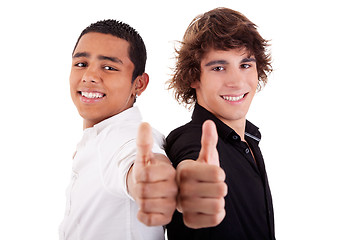 Image showing two young man of different colors, with thumb up