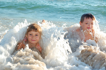 Image showing children in waves on the beach