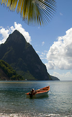 Image showing soufriere st. lucia twin piton mountain peaks with fishing boat 