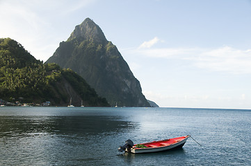 Image showing soufriere st. lucia twin piton mountain peaks with fishing boat 