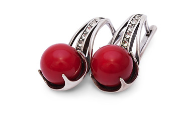 Image showing Silver Earrings with Red Coral isolated