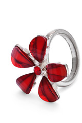 Image showing Finger ring with red stone flower isolated