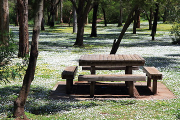 Image showing Picnic table among trees and flowers