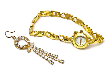 Image showing Golden watch and earring