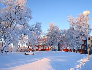 Image showing Old hotel i frosty landscape