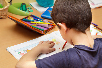 Image showing boy doing homework  with color pencil, painting fruits