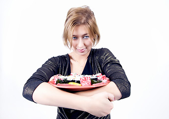 Image showing girl with sushi  