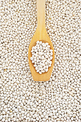 Image showing Wooden spoon and dried white navy beans