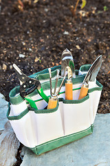 Image showing Detail of gardening tools in tool bag - outdoor