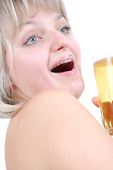 Image showing beautiful blond woman with beer