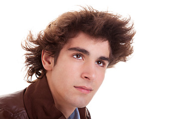 Image showing Portrait of a young man with hair on the wind