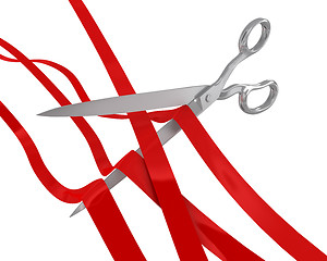 Image showing Huge scissors cut many ribbons