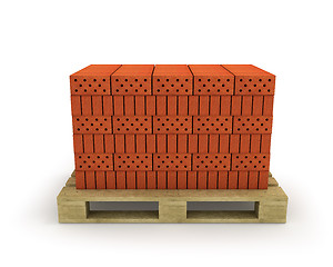 Image showing Stack of orange bricks on pallet, isolated on white 