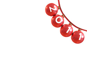 Image showing Red classic shiny chirstmass balls on red line, placed in corner