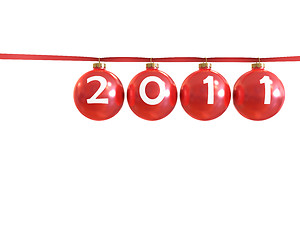 Image showing Red classic shiny chirstmass balls on red line, new year 2011