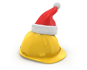Image showing Yellow helmet with santa claus hat on top 