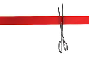 Image showing Scissors cut the red ribbon, top view