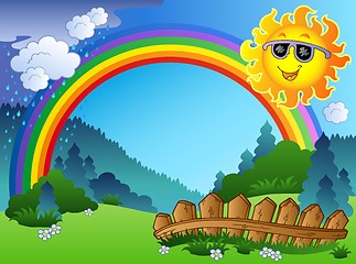 Image showing Landscape with rainbow and Sun