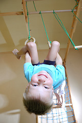 Image showing boy hanging on gymnastic rings