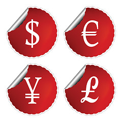 Image showing red labels with international currency symbols