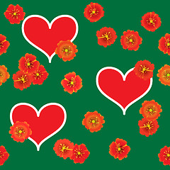 Image showing Background with red hearts and orange flowers