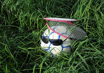 Image showing Two Badminton Rackets and Soccer Ball