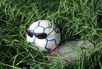 Image showing Two Rackets, Soccer Ball and Sunglasses