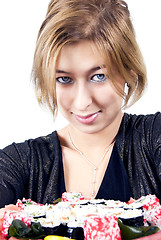 Image showing girl with sushi  