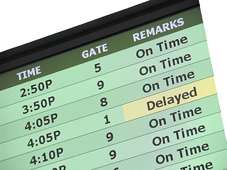 Image showing An Airport (Savannah, Georgia) Flight Schedule board/sign showing flight status and gate numbers. Isolated