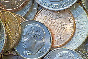 Image showing American coins: the penny, nickel, dime,and quarter. (macro, 14MP camera)