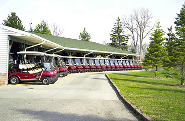 Image showing A lineup of Golf Carts at Hawk Hollow Golf Course (14MP camera)