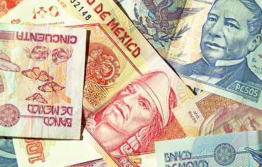 Image showing Various denominations of Pesos, money from Mexico, Mexican currency.  Banco de Mexico. (macro,14MP camera)