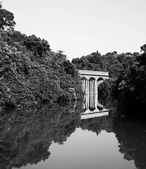 Image showing lake with stone bridge, black and white